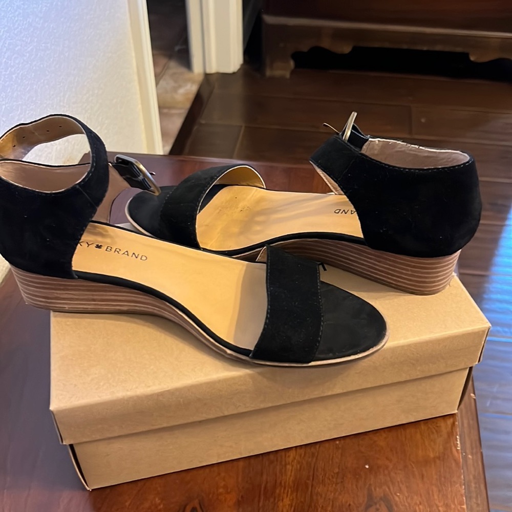 Lucky Brand Black Suede Low Wedge Sandal